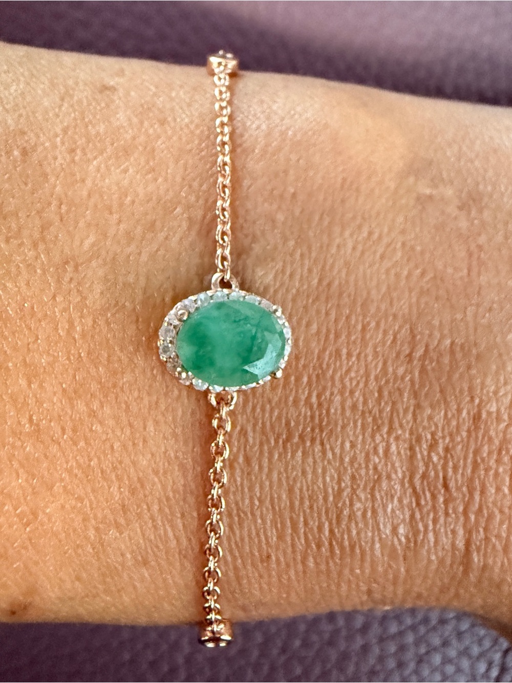 ✨Rose Gold Bracelet with 8x6 mm Natural Green Emerald Gem Halo Accents 7.5inch✨